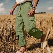 levne Retro-Pánské Kargo kalhoty Plátěné kalhoty Kalhoty Letní kalhoty Plážové kalhoty Šňůrky Elastický pas Multi kapsa Bez vzoru Pohodlné Prodyšné Plná délka Venkovní Ležérní Dovolená Módní Retro Černá Bílá