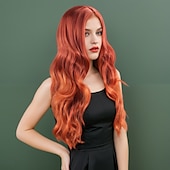 baratos Perucas Sintéticas sem Touca-Perucas sintéticas Ondulado Trama Curly Corte em Camadas Com Franjas Fabrico à Máquina Peruca 28 polegadas A1 Cabelo Sintético Mulheres Clássico Confortável Cores Gradiente Multi Cores