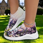 tanie Trampki damskie-trampki typu slip-on z nadrukiem wielkanocnego króliczka – lekkie, oddychające buty do chodzenia dla kobiet, urocze obuwie na święta
