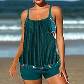 billiga Leopard badkläder-Dam Plusstorlekar Badkläder Tankini 2 st Längre baddräkt Hög midja Baddräkt Genomskinlig Hög midja Stickat Stylish Standkläder Leopard Tropisk Rund hals Ärmlös Baddräkter