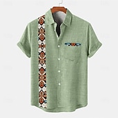 cheap Classic-Men&#039;s Shirt Linen Shirt Summer Shirt Beach Shirt Plaid Vacation Holiday Black Green Khaki Gray Short Sleeve Collar Summer Clothing Apparel