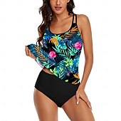 abordables Robes de bain-Femme Maillots de Bain Tankini Maillot de bain Hawaïen Magnifique Fleur Feuilles Sans Manches Maillots de bain