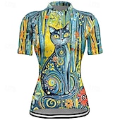 お買い得  ウィメンズジャージ-女性用 サイクリングジャージー 半袖 バイク Tシャツ ジャージー 3つのリアポケット付き マウンテンサイクリング 高通気性 速乾性 人間工学デザイン ウィッキング ブルー ミントグリーン ダークグリーン 猫 スポーツ 衣類