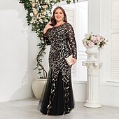 cheap Plus Size Dresses-Mermaid / Trumpet Evening Gown Sparkle Dress Formal Floor Length Long Sleeve Crew Neck Champagne Mother Of the Bride Dress Tulle with Embroidery 2025