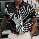 cheap Men&#039;s Geometric Polo-Men&#039;s Geometic Line Zip Polo Shirts Short Sleeve Polo Shirts Collared Shirts Business Casual Business Athleisure Wear to work Daily Wear 3D Print Summer Black White