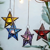 billige Stearinlys og lysestaker-vintage jernkunst stjernelysholderlykt, femspiss hengende vindtett telysholder, dekorativ lyslykt i jernglass for hjem, bar, restaurant og gaveutdeling