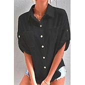 Women's Shirt Cotton Linen Shirts Button Up Blouse Plain Basic Casual Short Sleeve Shirt Collar Regular Tops Holiday Going out Buttons Pocket Black White Navy Blue Khaki Gray Summer cheap Shirts-Women's Shirt Cotton Linen Shirts Button Up Blouse Plain Basic Casual Short Sleeve Shirt Collar Regular Tops Holiday Going out Buttons Pocket Black White Navy Blue Khaki Gray Summer