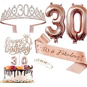 economico Forniture per eventi e feste-set deluxe da 6 pezzi per festa di compleanno in oro rosa - numeri di palloncini (10-80), tiara, fascia, candeline per torta, cake topper - per bambine &amp; donne