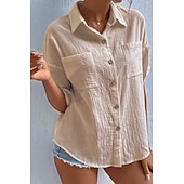 Women's Shirt Cotton Linen Shirts Button Up Blouse Plain Basic Casual Short Sleeve Shirt Collar Regular Tops Holiday Going out Buttons Pocket Black White Navy Blue Khaki Gray Summer cheap Shirts-Women's Shirt Cotton Linen Shirts Button Up Blouse Plain Basic Casual Short Sleeve Shirt Collar Regular Tops Holiday Going out Buttons Pocket Black White Navy Blue Khaki Gray Summer