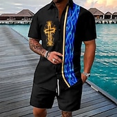 billige Trykkede skjortesett for menn-Påske Herre Kors 2stk Skjorter sett Skjortesett Kortermet Korte bukser Aftæpning Årgang Avslappet Daglig Festivalantrekk 3D-utskrift Sommer Rødstrupe-egg Blå Hvit Oransje