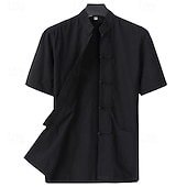 abordables Informal de negocios-Hombre Camisa Camisa de lino Camisa casual Abotonar la camisa Remera de algodón Plano Vacaciones Calle Negro Blanco Azul Marino Caqui Manga Corta cuello de abuelo Verano Ropa Abotonar