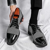 economico Formale-scarpe oxford da uomo in pied de poule bianco e nero con dettagli in vernice, elegante design con lacci per eventi formali alla moda