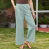 baratos Calça de linho de algodão simples-Mulheres Calças de linho de algodão Calças Simples Casual Comprimento total Natural Tecido Bolsos Design de cordão elástico Confortável Exterior Rua Roupa Diária Marron Escuro Verde Depressão Azul de