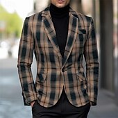 お買い得  メンズクラシックブレザー-男性用 卒業式 ブレザー ビジネス カクテルパーティー ウェディングパーティー ファッション カジュアル 春 秋 ポリエステル チェック ポケット ボタン 快適 シングルブレスト ブレザー ブラック ブラウン コーヒー グレー