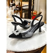 abordables tacones kitten-Zapatos de tacón negros con punta puntiaguda y tira trasera para mujer: zapatos de noche transparentes con hebilla de cristal.