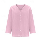 preiswerte Hemden-Damen Bluse Baumwoll-Leinen-Hemden Einfach Basic Modern Dreiviertelarm V Ausschnitt Normale Oberteile Täglich Ferien Ausgehen Knöpfe Schwarz Weiß Rosa Braun Aprikose Sommer