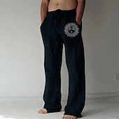 お買い得  クラシック-男性用 リネンパンツ ズボン サマーパンツ ビーチパンツ ストレート 弾性巾着デザイン フロントポケット まっすぐな足 サンケア グラフィック 履き心地よい ソフト カジュアル 日常 休暇のために ファッション デザイナー ダークブラウン ターメリック