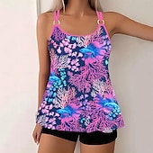 billiga Tankinis-Dam Plusstorlekar Badkläder Tankini 2 st Längre baddräkt Pojkeben Baddräkt Öppen rygg Stickat Hög midja Stylish Sportig Flagga Randig Doppa Ärmlös Baddräkter