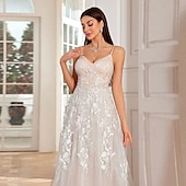 preiswerte lässige Brautkleider-Kleine weiße Kleider Hochzeitskleider A-Linie V-Ausschnitt Ärmellos Bodenvoll Tüll Brautkleider Mit bestickter floralem Spitze Kleid