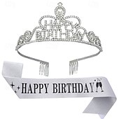 cheap Birthday Party Supplies-Birthday Party Girl and Women Elegant Decorations 2-Piece Set Headband and Sash with &#039;Happy Birthday&#039; - Available in Multiple Color Combo