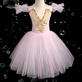 preiswerte Tutu Kleid-Tutu Kleid Kleid Strass Spitze Stickerei Mädchen Leistung Training Ärmellos Hoch Netzstoff Spandex