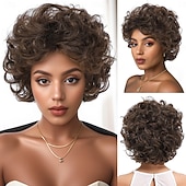 baratos Perucas de Qualidade Superior-Perucas sintéticas Trama Curly Encaracolados Corte em Camadas Com Franjas Fabrico à Máquina Peruca 12 polegadas A1 Cabelo Sintético Mulheres Elástico Legal Clássico Marrom Claro