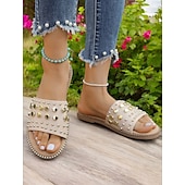 abordables Sandales de Vacances-Sandales à enfiler noires cloutées pour femmes – sandales plates tendance à rivets dorés pour l&#039;été, la plage et les sorties décontractées