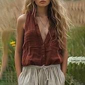 cheap Shirts-Women&#039;s Cotton Linen Shirts Button Up Blouse Plain Basic Modern Casual Sleeveless V Neck Regular Tops Daily Holiday Going out Buttons Pocket Black Blue Brown Green Summer