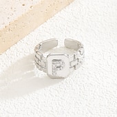 cheap Gifts-Personalized Letter Ring, Gift for Mom, Copper with Zircon Alphabet Ring, Vintage-Style Chain Design, Adjustable Open Band, Minimalist Aesthetic Jewelry for Women