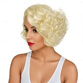 baratos Perucas Históricas-Peruca Sintética Cacheada Ondulada Assimétrica Franja Arrumada Peruca Feita à Máquina 12 polegadas A1 Cabelo Sintético Clássico das Mulheres Confortável Gradiente de Cor Loira Perucas de Halloween