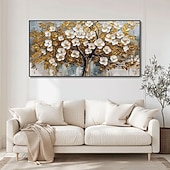 preiswerte Blumen-/Botanische Gemälde-3D strukturiertes Goldölgemälde, handgemalte Wandkunst, Goldfoliengemälde, Bäume, Kunstgemälde, handgemachtes goldweißes blühendes Turmbaumgemälde auf Leinwand für Wohnzimmerkunst, Naturmalerei,