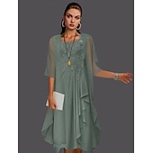 abordables Avec veste-Robe à deux pièces A-ligne pour la mère de la mariée à la plage invitée de mariage élégant col arrondi longueur genou chiffon dentelle sans manches vestes avec plis et appliqués 2025 taille
