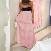 preiswerte Kleider aus Baumwolle und Leinen entwerfen-Damen Langes Kleid Maxikleid Leinen-inspirierte Kleider Baumwoll-Leinenkleid Unterkleid Mode Klassisch Täglich Ferien Wochenende Normale Passform Farbblock Ärmellos Spaghettiträger Schwarz Rosa