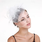 voordelige Hoeden &amp; Hoofdstukken-Helm Tule Veren Bruiloft Avond Feest Elegant Bruiloft Met Veer Tule Helm Hoofddeksels