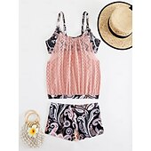 billiga Leopard badkläder-Dam Plusstorlekar Badkläder Tankini 2 st Längre baddräkt Hög midja Baddräkt Genomskinlig Hög midja Stickat Stylish Standkläder Leopard Tropisk Rund hals Ärmlös Baddräkter