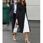 baratos Comprimento do chá-Vestido Mãe da Noiva Vestido Elegante Vintage Festa Colarinho de Camisa Comprimento Chá Tecido Stretch Manga Longa com Bloco de Cor Midi Dress 2025