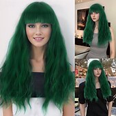 baratos Perucas Sintéticas sem Touca-Perucas sintéticas Ondulado Trama Curly Corte em Camadas Com Franjas Fabrico à Máquina Peruca 16 polegadas A1 Cabelo Sintético Mulheres Clássico Confortável Cores Gradiente Verde