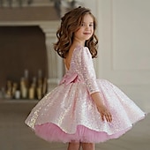 abordables Robes de fête-Enfants Fille Robe Robe de Soirée Couleur Unie manche longue Performance Paillettes Maille Princesse Doux Maille Mi-long Robe fourreau Robe en Tulle Été Printemps Automne Enfants Rose rouge