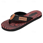 cheap Vacation Sandals-Men&#039;s Fashion Flip-Flops - Red and Black Geometric Pattern with Leather Accents - Casual Beachwear