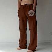 お買い得  クラシック-男性用 リネンパンツ ズボン サマーパンツ ビーチパンツ ストレート 弾性巾着デザイン フロントポケット まっすぐな足 サンケア グラフィック 履き心地よい ソフト カジュアル 日常 休暇のために ファッション デザイナー ダークブラウン ターメリック