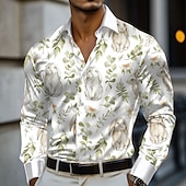 preiswerte Herren Satin Hemd-Ostern Herren Hase Lily Blumen Satinhemd Kleidhemd Knopfhemd Langarm Modisch lässig Urlaub Ferien Sommer Frühling Umlegekragen Hemden mit Kragen 3D-Druck Weiß