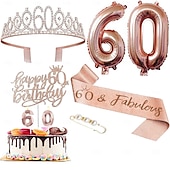 economico Forniture per eventi e feste-set deluxe da 6 pezzi per festa di compleanno in oro rosa - numeri di palloncini (10-80), tiara, fascia, candeline per torta, cake topper - per bambine &amp; donne