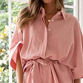 levne Sady-Dámské Běžný Sady inspirované lnem Šik ven Pevná barva Poloviční rukáv Košilový límec Knoflíky Jdeme ven Víkend Běžný Bílá Světlá růžová Léto