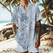 billige Trykkede skjortesett for menn-Herre Trær / blader 2stk Skjorter sett Hawaii skjorte Kortermet Korte bukser cubansk krage Ferie Avslappet Strandferie 3D-utskrift Sommer Grå Hvit Lysegrønn