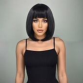 abordables Perruques Synthétiques Sans Bonnet-Perruque Synthétique Lisse Lisse Yaki Coupe Asymétrique Frange Droite Fabriqué à la Machine Perruque 14 pouces A1 Cheveux synthétiques Femmes Fête Classique Confortable Noir