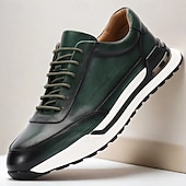 billiga Premium sneakers i läder-herrskor i premiumkohud i mörkgrönt och svart, snygg sportig design för vardagligt och aktivt slitage