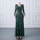 olcso Estélyi ruhák-Sellő  trombita estélyi ruha elegáns ruha formális estélyi parti bírósági vonal hosszú ujjú kerek nyakkal csipkével gyöngyökkel flitterekkel