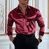 preiswerte Satinhemden für Herren-Herren Hemd Satinhemd Lässiges Hemd Knopfhemd Glatt Hochzeit Urlaub Schwarz Weiß Wein Grün Langarm Kargen Frühling &amp; Herbst Bekleidung