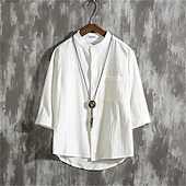 economico Casual da lavoro-Per uomo Camicia camicia di lino Maglietta informale Camicia con bottoni Camicia di cotone Liscio Da mare Hawaiano Nero Bianco Verde Manica a 3/4 A fascia Estate Abbigliamento Tasche