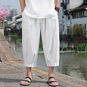 cheap Retro-Men&#039;s Capri Pants Shorts Linen Shorts Summer Shorts Beach Shorts Drawstring Elastic Waist Baggy Plain Comfort Breathable Calf-Length Outdoor Casual Daily Fashion Retro Vintage Black White